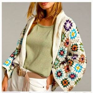 ANTHROPOLOGIE Crochet Granny Square sweater shrug cardigan